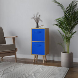 Urbn-Living Urbnliving 54Cm Height Beech Wooden 2 Tier Storage Bookcase Beech Legs Bedroom Dark Blue Inserts