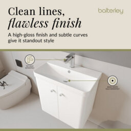 Balterley Flashbrook Modern Bathroom Wall Hung 2 Door Vanity Unit Basin, Gloss White, 605mm - thumbnail 7