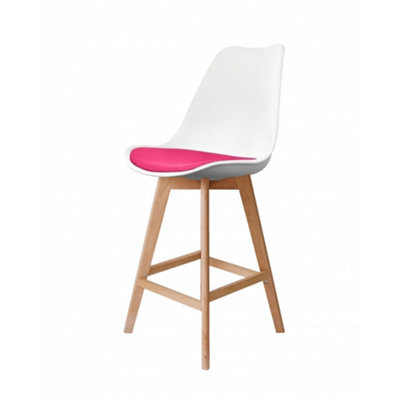 Fusion Living Soho White & Bright Pink Plastic Bar Stool With Light Wood Legs - image 1