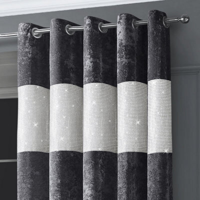 Intimates Diamante Velvet Fully Lined Curtains - Luxury Ring Top Window Drapes - Charcoal