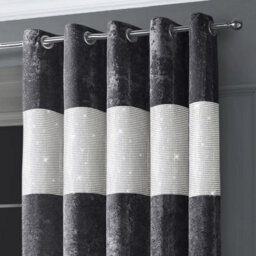Intimates Diamante Velvet Fully Lined Curtains - Luxury Ring Top Window Drapes - Charcoal