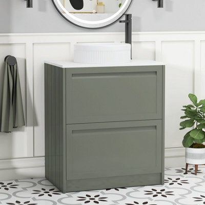 Royal Bathrooms Royal Bathroom Elmore 700mm Matt Green Freestanding Bathroom Vanity Unit 2 Drawer Plain White Worktop With Round Basin - image 1