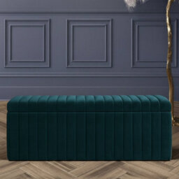 150Cm Wide Lux Ottoman Storage Box, Emerald Green Velvet Upholstered Full Striped Storage Ottoman Box - thumbnail 1