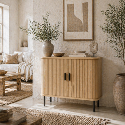 Wyld Haus Ronoke Natural Oak Effect Mid-Century Sideboard 90Cm - Slatted Tambour Sliding Doors, Black Metal Legs - image 1