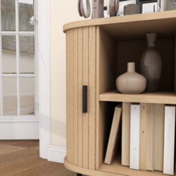 Wyld Haus Ronoke Natural Oak Effect Mid-Century Sideboard 90Cm - Slatted Tambour Sliding Doors, Black Metal Legs - thumbnail 9