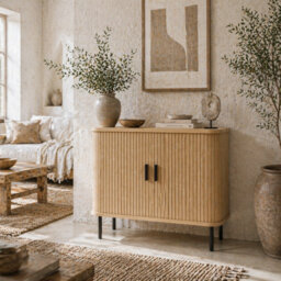 Wyld Haus Ronoke Natural Oak Effect Mid-Century Sideboard 90Cm - Slatted Tambour Sliding Doors, Black Metal Legs