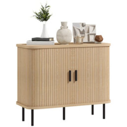 Wyld Haus Ronoke Natural Oak Effect Mid-Century Sideboard 90Cm - Slatted Tambour Sliding Doors, Black Metal Legs - thumbnail 2