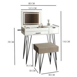 CARME Home Carme Emilie Dressing Table With Stool Set - Makeup & Vanity Desk With Led Light, Usb Plug Charger, Large Mirror & Storage Drawers - thumbnail 7