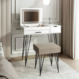 CARME Home Carme Emilie Dressing Table With Stool Set - Makeup & Vanity Desk With Led Light, Usb Plug Charger, Large Mirror & Storage Drawers