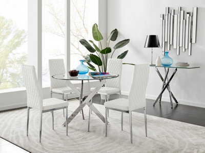 Furniturebox Novara Clear Tempered Glass 100Cm Round Dining Table With Chrome Starburst Legs & 4 White Milan Faux Leather Chairs - image 1