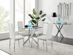 Furniturebox Novara Clear Tempered Glass 100Cm Round Dining Table With Chrome Starburst Legs & 4 White Milan Faux Leather Chairs