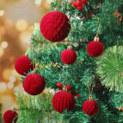 Amorly 32Pcs Velvet Christmas Tree Ornaments Set,red Flocked Hanging Christmas Balls Ornaments For Xmas Tree Holiday Home Party Decor - image 1