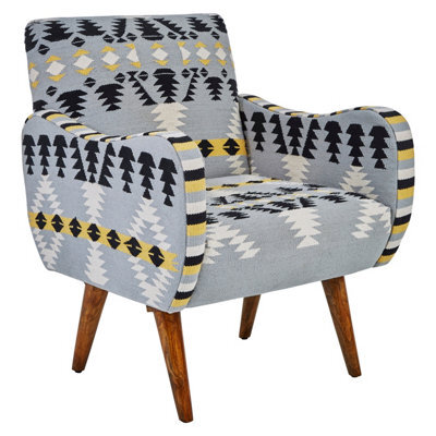 Orsina Kilim Style Armchair, Multicoloured Geometric Pattern Upholstered Chair, Mango Wood Frame & Legs - image 1