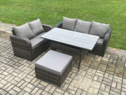 Fimous Outdoor Garden Patio Furniture Wicker Rattan Oblong Rectangular Dining Table And Lounge Sofa Set With Big Footstool - thumbnail 2