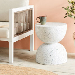 Beliani Terrazzo-Effect Side Table 40Cm Round Top Fibreglass-Reinforced Mgo, Weather-Resistant, White - thumbnail 1