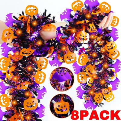 Amorly 8 Pack Halloween Tinsel Garland, Shiny Metallic Twist Decor With Orange Pumpkin & Purple Bat For Home & Xmas Tree - image 1