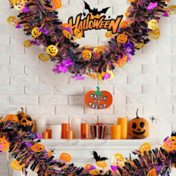 Amorly 8 Pack Halloween Tinsel Garland, Shiny Metallic Twist Decor With Orange Pumpkin & Purple Bat For Home & Xmas Tree - thumbnail 2