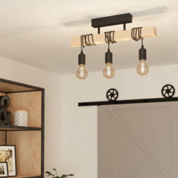 Eglo Townshend Black/natural Metal & Wood 3-Light Pendant - Industrial Style (D) 55Cm - thumbnail 1