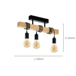 Eglo Townshend Black/natural Metal & Wood 3-Light Pendant - Industrial Style (D) 55Cm - thumbnail 4