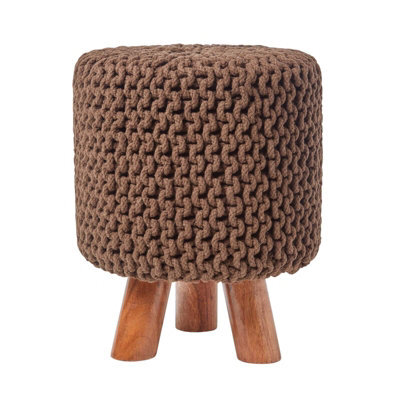 Homescapes Chocolate Brown Tall Cotton Knitted Footstool On Legs - image 1