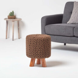 Homescapes Chocolate Brown Tall Cotton Knitted Footstool On Legs - thumbnail 2