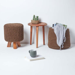 Homescapes Chocolate Brown Tall Cotton Knitted Footstool On Legs - thumbnail 6