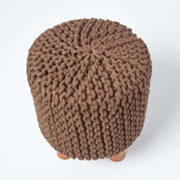 Homescapes Chocolate Brown Tall Cotton Knitted Footstool On Legs - thumbnail 3