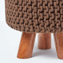 Homescapes Chocolate Brown Tall Cotton Knitted Footstool On Legs - thumbnail 4