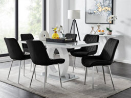 Furniturebox Giovani Rectangular 6 Seat White High Gloss Unique Halo Base Dining Table Grey Glass Top 6 Black Velvet Silver Leg Pesaro Chairs