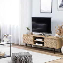 Beliani Aurora Light Brown Tv Stand For 60-Inch Tvs With 2 Cabinets And 2 Open Shelves - thumbnail 2