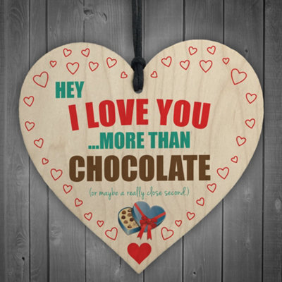 Red Ocean Love You More Than Chocolate Novelty Wooden Hanging Heart - image 1