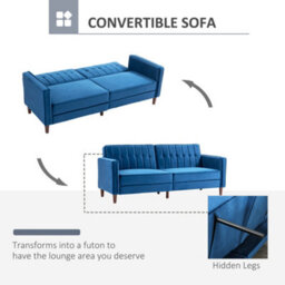 Homcom Convertible Sofa Futon Velvet-Touch Tufted Couch Sofa Bed Blue - thumbnail 4