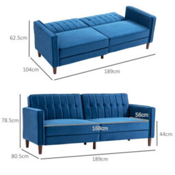 Homcom Convertible Sofa Futon Velvet-Touch Tufted Couch Sofa Bed Blue - thumbnail 3