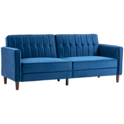 Homcom Convertible Sofa Futon Velvet-Touch Tufted Couch Sofa Bed Blue - thumbnail 2
