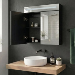 Wyld And Coco 60 X 60 Cm Wall-Mounted Led Mirror Cabinet In Matt Black Glass And Engineered Wood - thumbnail 2