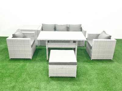 Fimous Garden Dining Set Outdoor Rattan Furniture Set Sofa Dining Table 2 Chairs Big Stool Side Table Light Grey - image 1