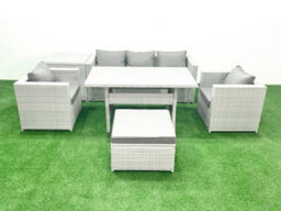 Fimous Garden Dining Set Outdoor Rattan Furniture Set Sofa Dining Table 2 Chairs Big Stool Side Table Light Grey - thumbnail 2