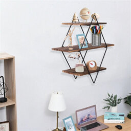3 Tier Wood Floating Shelves Farmhouse Hanging Display Shelf Artistic Wall Rack - thumbnail 3