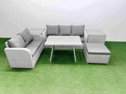 Fimous Outdoor Pe Rattan Garden Furniture Set Rectangular Dining Table Sofa Set With Big Stool 2 Side Tables Light Grey - thumbnail 1