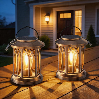 Bucasa Solar Lights Outdoor Garden, 2 Pack Hexagonal Vintage Lanterns With Led Buld, Clip, 12 H Runtime Ornaments Lantern Light