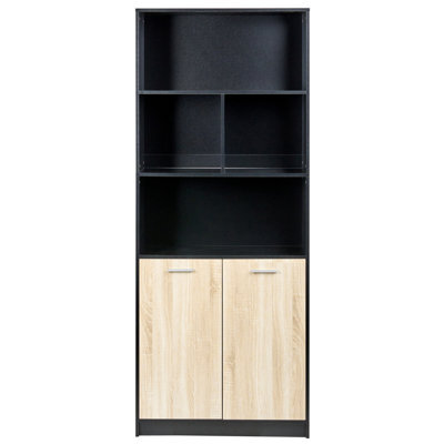 Wyld and Coco Novahome Two Door Bookcase - Black Body With Brown Fronts, Open Shelves And Closed Cabinet - W80 X D40 X H197Cm - image 1