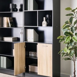 Wyld and Coco Novahome Two Door Bookcase - Black Body With Brown Fronts, Open Shelves And Closed Cabinet - W80 X D40 X H197Cm - thumbnail 2
