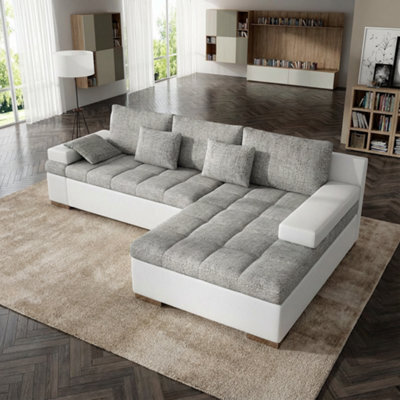 Bangkok Corner Sofa Bed For Living Room With Storage Polyurethane Foam Wave Spring Metal Legs Light Grey And White Right - image 1