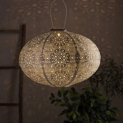 Dawsons Living - Solar Powered Led Large Garden Lantern Outdoor Light - Select Colours & Shapes - Oval Deluxe Silver - image 1