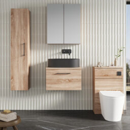 Nuie Arno Wall Hung 1-Drawer Vanity & Bleached Cuneo Oak Worktop, Stylish Counter Top Vanity Unit In Bleached Oak, 600mm - thumbnail 2
