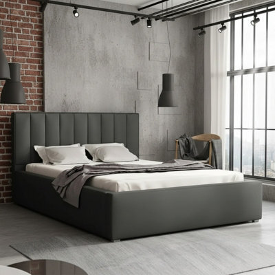 Modern Bedroom Bed Frame With Storage 140X200 Hdf And Laminated Board Metal Slatted Base 160X223X93Cm Dark Grey - image 1