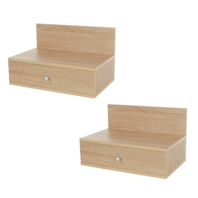 Core Products Pair Of Kelly Oak Effect Wall-Mounted Bedside Cabinets With Drawer - Modern Floating Bedside Tables - image 1
