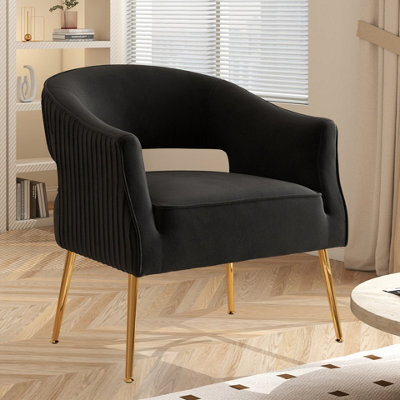 Seynar Black Velvet Striped Barrel Accent Chair, Upholstered Bucket Armchair For Living Room Or Office