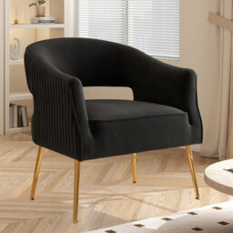 Seynar Black Velvet Striped Barrel Accent Chair, Upholstered Bucket Armchair For Living Room Or Office - thumbnail 1