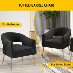 Seynar Black Velvet Striped Barrel Accent Chair, Upholstered Bucket Armchair For Living Room Or Office - thumbnail 4